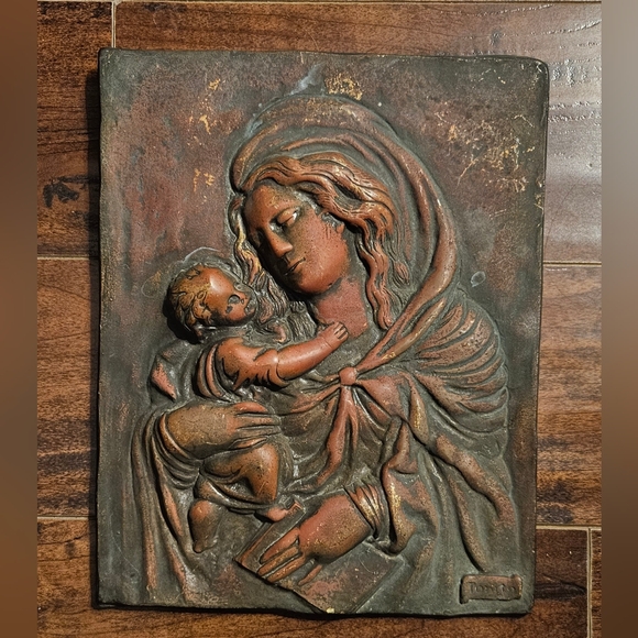 High Relief Cooper Madona And Child Plaque